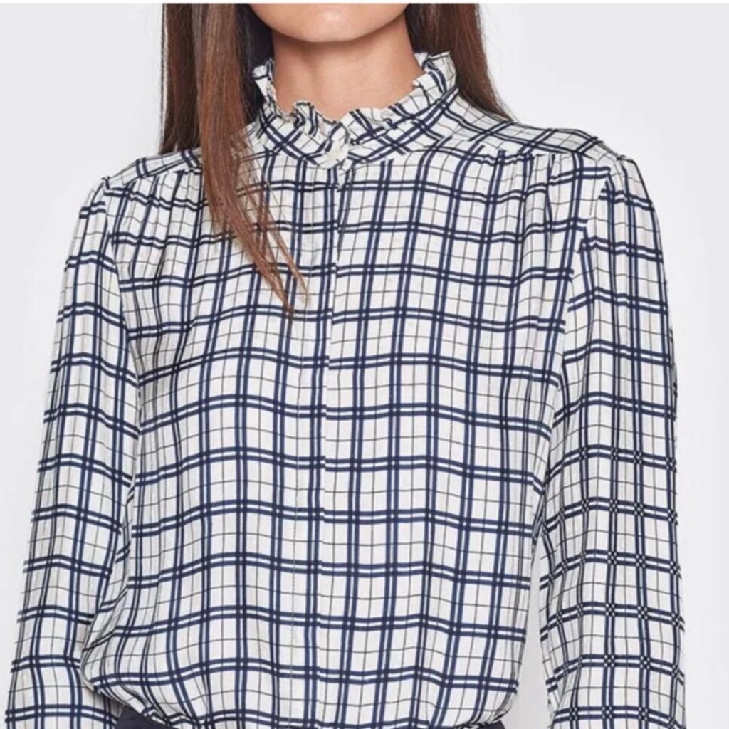 Joie Mintee Ruffle Blue And White Plaid Blouse